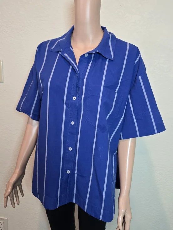 MADEWELL Blue Striped Boxy Cotton Button Up Collared Neckline Shirt Size Xl - Picture 8 of 16